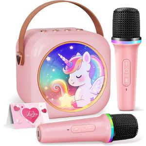 Karaoke Machine for Kids with 2 Wireless Microphones,Girls Speaker with Unicorn Colorful LED Lights,Birthday Gift for 3-12 Years Old,Portable Toys for Home Party