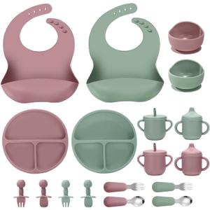 Silicone Baby Feeding Set, 18PCS Baby Led Weaning Supplies, Eating Essentials Utensils with Suction Plate and Bowl, Adjustable Silicone Bib, for 6+ Months (Pink+Green)