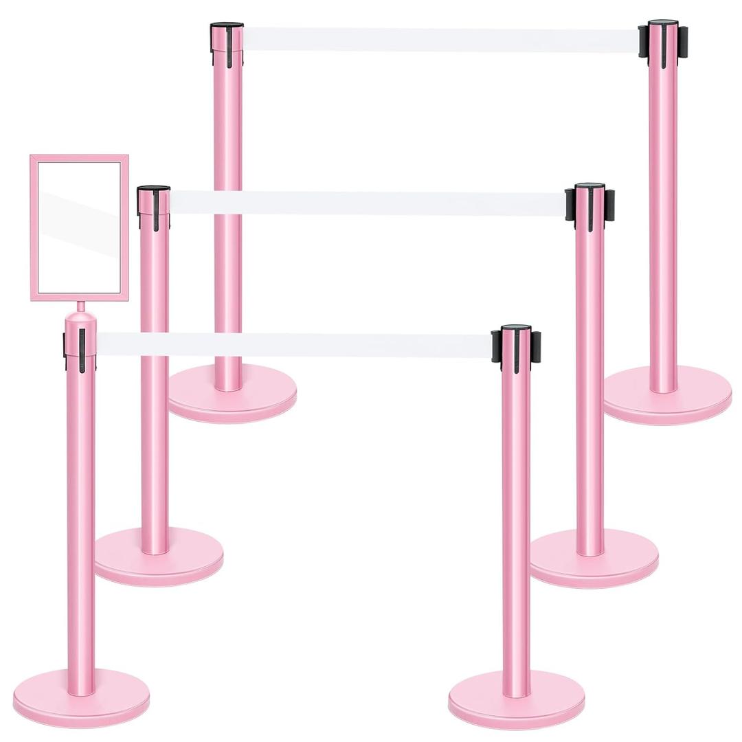 Therwen 6 Pack Heavy Duty Crowd Control Stanchions 9.8 ft Stainless Steel Stanchion Set with 6 Safety Barrier Post Retractable Belt and 1 Sign Holder Crowd Control Barrier(White Belt, Pink)