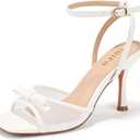 IDIFU White Kitten Heels Square Toe Mesh Bow Heels Open Toe Ankle Strap Dress Sandals for Women Causal Comfortable Work Dressy Shoes Cute Homecoming Wedding Bridal Heeled Sandals(White Pu, 5)