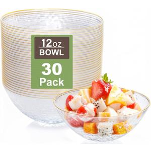I00000 30 Pack 12 Ounce Clear Plastic Bowls Hammered with Gold Rimmed,Heavy Duty Disposable Bowl Set,Elegant Small Bowls for Party, Weddings, Catering