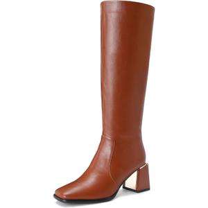 Women's Knee High Boots Block Metal Heel Square Toe Side Zipper Soft PU Leather Classic Fashion Dress Long Boots (9.5, Brown)