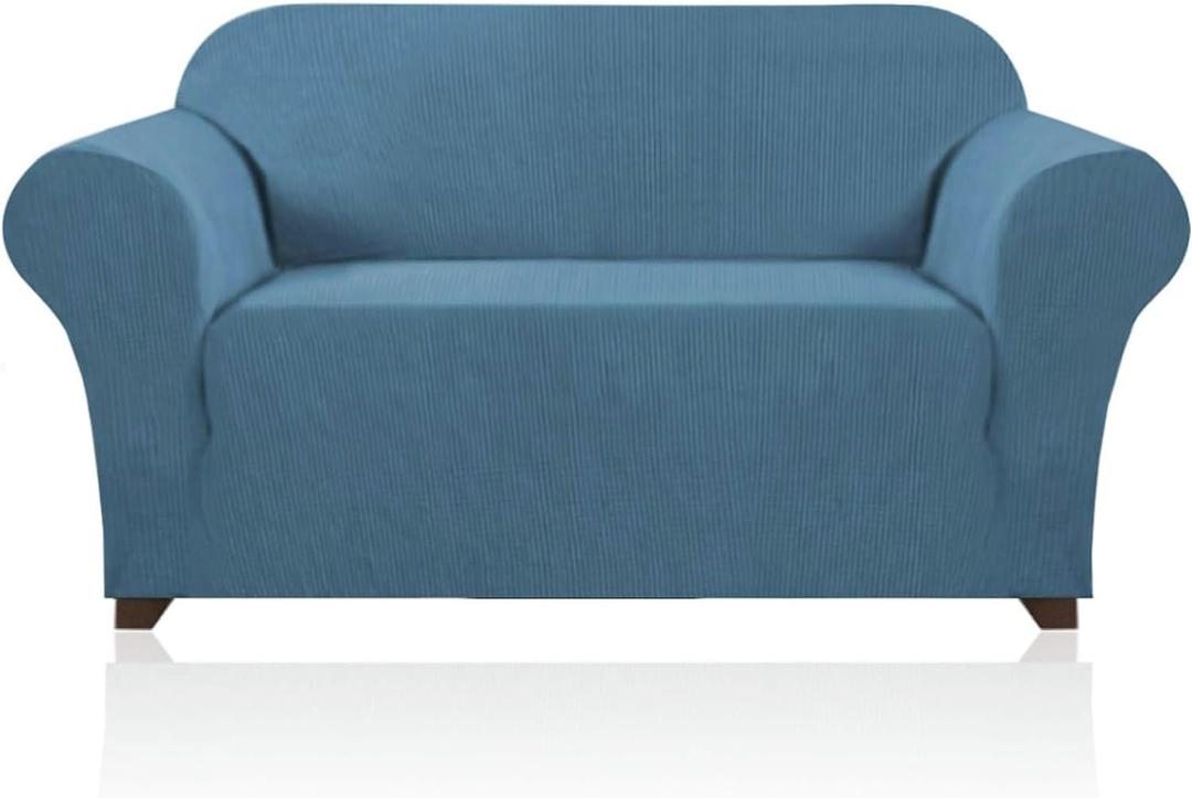 PrinceDeco Stretch Loveseat Sofa Cover Slipcover Couch Cover for 2 Cushion Sofa Washable Sofa Cover for Pets Friendly Furniture Protector Covers with Non Slip Bottom(Loveseat, Dusty Blue)