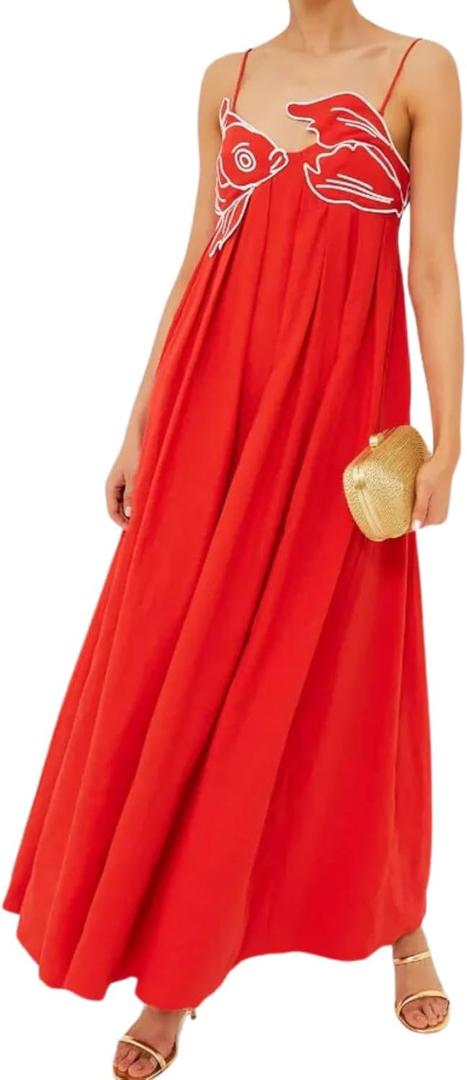 Womens Koi Fish Sleeveless Long Strap Dress High Waist 3D Fish Maxi Cami Dress (Medium, Red)