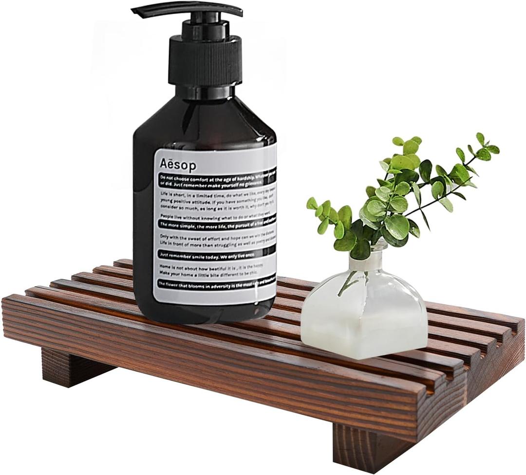 Renawe Small Kitchen Sink Soap Tray for Counter Soap Dish Dispenser Holder Wooden Risers Stand for Bathroom Decor Farmhouse Wood Pedestal Kitchen Accessories Countertop Vanity Counter Decorative Tray (8.7x4 inch, Brown)