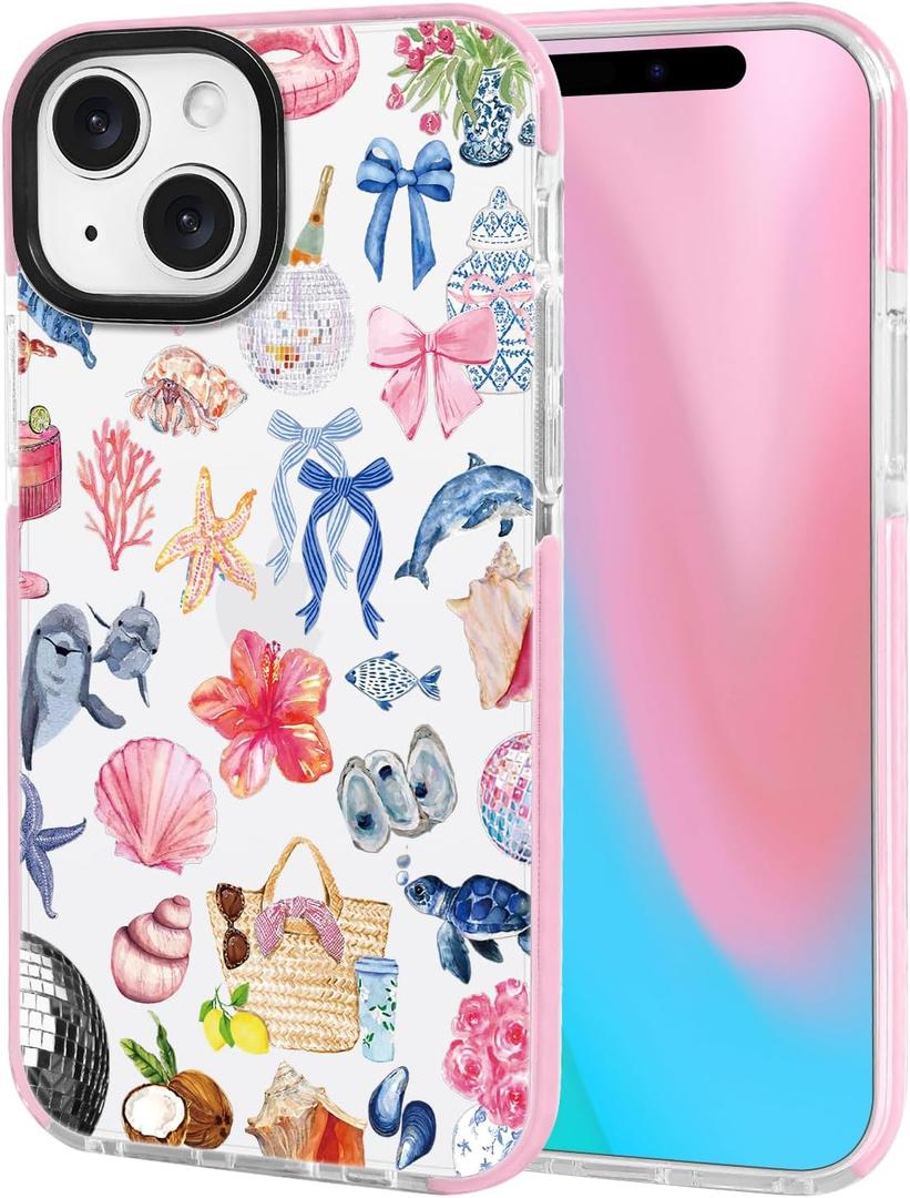 ChiCsFleur for iPhone 13 / iPhone 14 Case, TPU Phone case with Camera Protection for Women Girls Teens - Coastal Holiday Collage Tropical Y2K Bow Gift Disco Hibiscus Shell Lemon Aesthetic Unique (MarineLace)