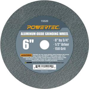 POWERTEC Bench Grinder Wheel 6 Inch 150 Grit, Aluminum Oxide Grinding Wheel for Bench Pedestal Grinder, 3/4" Thick 1/2" Arbor, Sharpening & Shaping Drill Bits, Blade, and Chisel 1PK (15520)