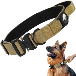 1.5’’ Wide Tactical Large Dog Collar with Airtag Holder (Brown,XL)