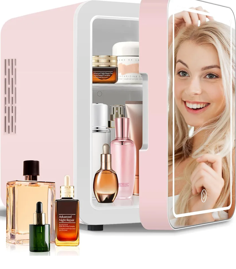 4-Liter Pink Portable Mini Fridge for Skincare Beauty Cosmetic Makeup With Mirrored Door and Dimmable LED Light