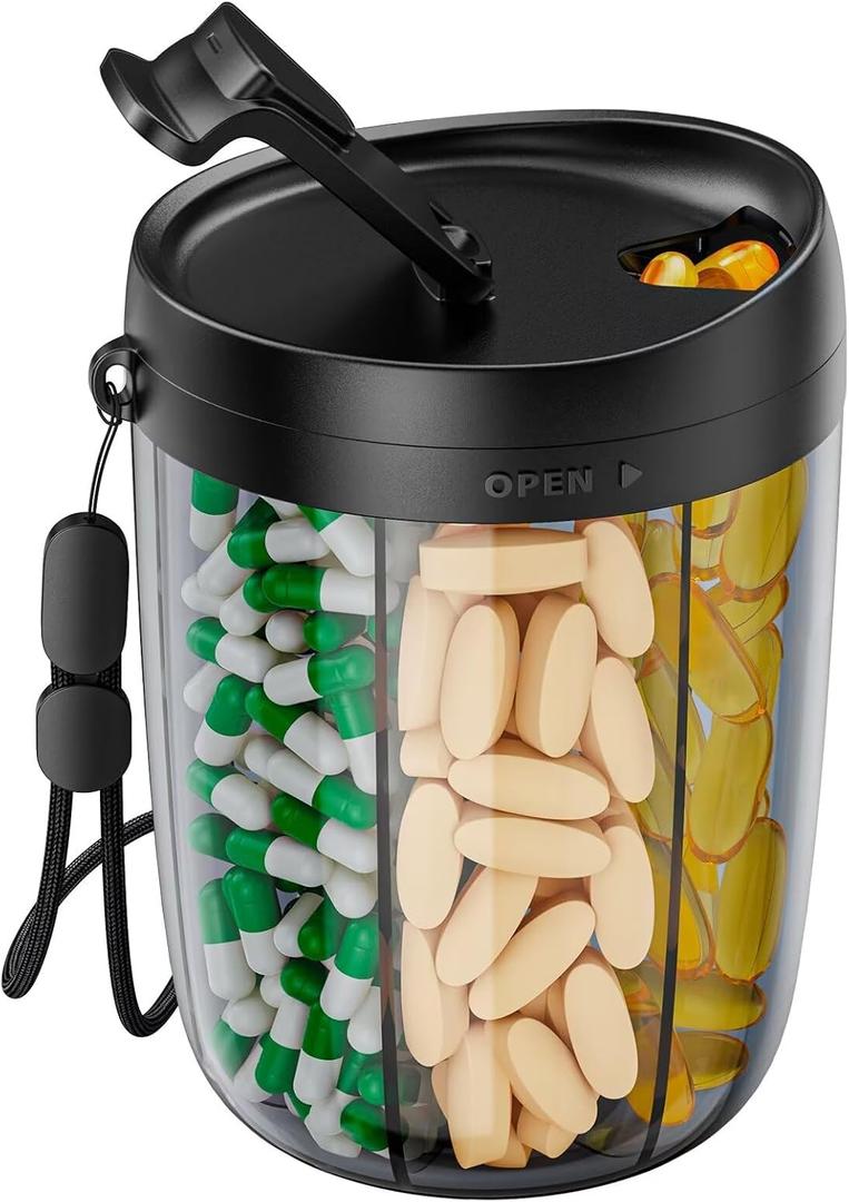 PULIV Large Pill Bottle Organizer for Holding 6 Various Vitamins without Filling Hassle, Supplement Organizer for Travel, Anti-Mixing Pill Box Case with Wide Opening for Easy Pill Retrieval, 20 Labels (Black)