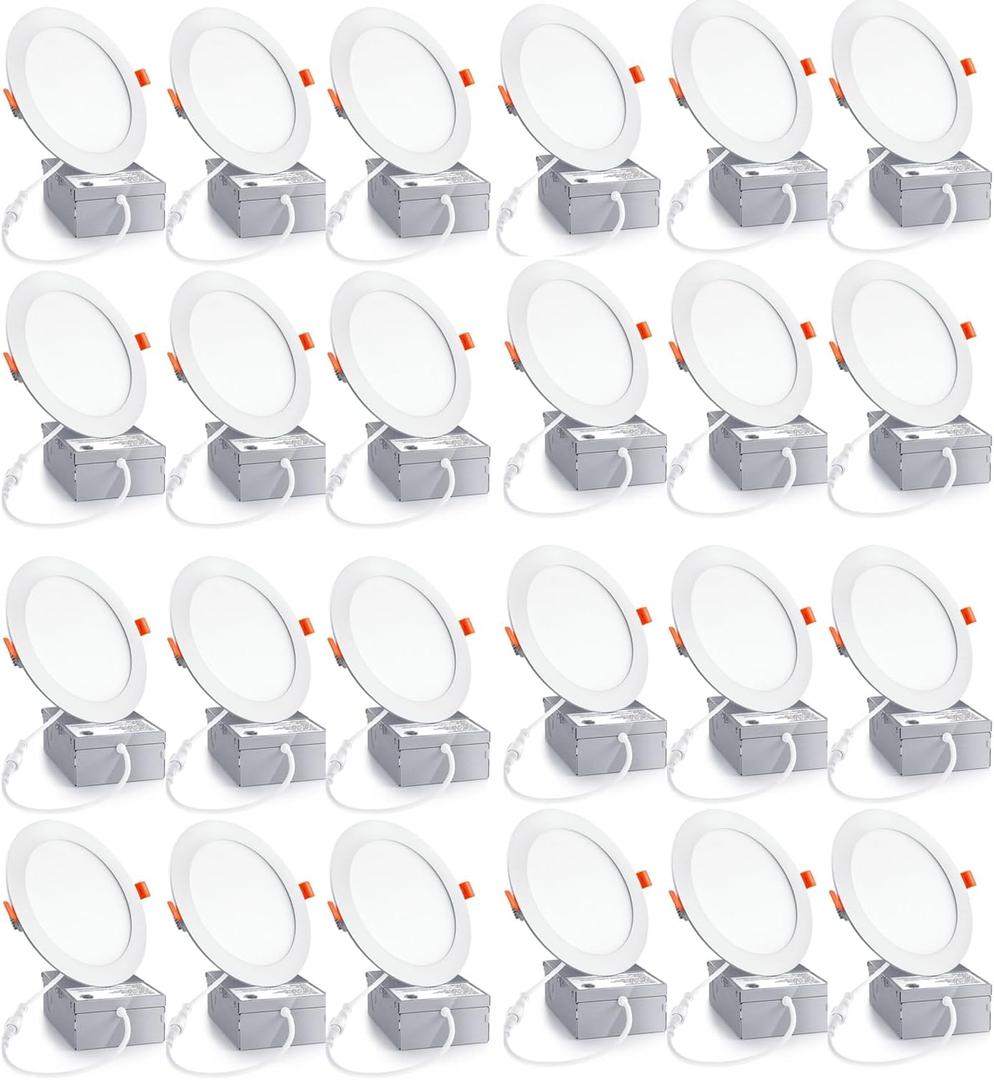 24Pack 6 inch led recessed Light with Junction Box,Can Lights,12W LED Lights,110W Eqv,LED Ceiling Light,Can-Killer Downlight 1050LM High Brightness recessed Lighting(6500K, 6Inch-24Pack)