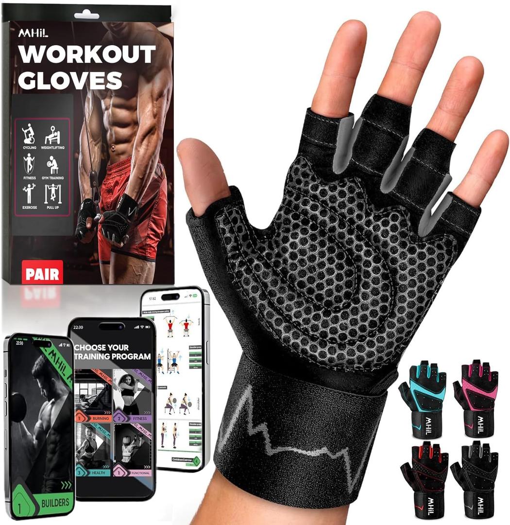 MhIL Workout Gloves for Men  Comfortable Gym Gloves for Men with Enhanced Grip for Safety and Hand Protection  Weight Lifting Protection with Wrist Wraps Support for Performance Boost and Style (Medium: 7.5  8 / 19.1  20.5 cm, Black and Grey)