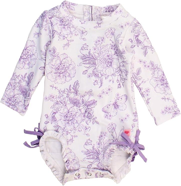 RuffleButts Baby Girls UPF 50+ Sun Protection Floral Printed Long Sleeve One Piece Rash Guard Swimsuit with Zipper (2T, Wisteria Purple Butterfly Garden)