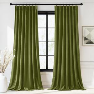 StangH Olive Green Pinch Pleat Velvet Curtains, Super Soft Room Darkening Bedroom Curtains with Privacy Thermal Insulated Elegant Home Decor for Living Room Home Office, W40 x L96, 2 Panels