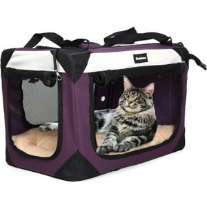 Large Cat Carrier, Collapsible Dog Travel Crate Portable Soft-Sided Pet Carrier with Super Soft Warm Plush Mat for Indoor and Outdoor 20x14x14in,Purple