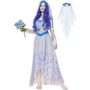 Funna Corpse Bride Costume Women Dress with Veil Halloween Cosplay, S