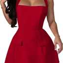 YMDUCH Women's Sexy Sleeveless Halter Neck Backless Cocktail Party A-Line Mini Dress (Medium, Red)