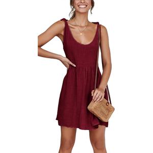 CNJFJ Women's Summer Shoulder Tie Strap Babydoll Dress Casual Scoop Neck A-Line Skater Swing Mini Sundress Burgundy, M