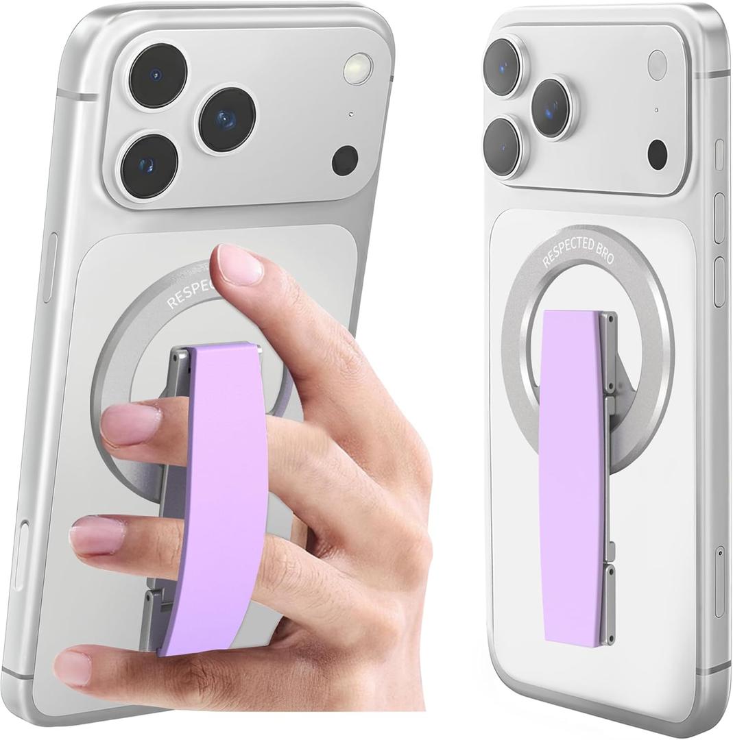 RESPECTED-BRO-Magnetic-Phone-Grip-Stand, Magnetic Phone Ring Holder Kickstand with Silicone Finger Strap, Compatibility for iPhone 17/16/15/14/13/12, Android, and More (Purple)