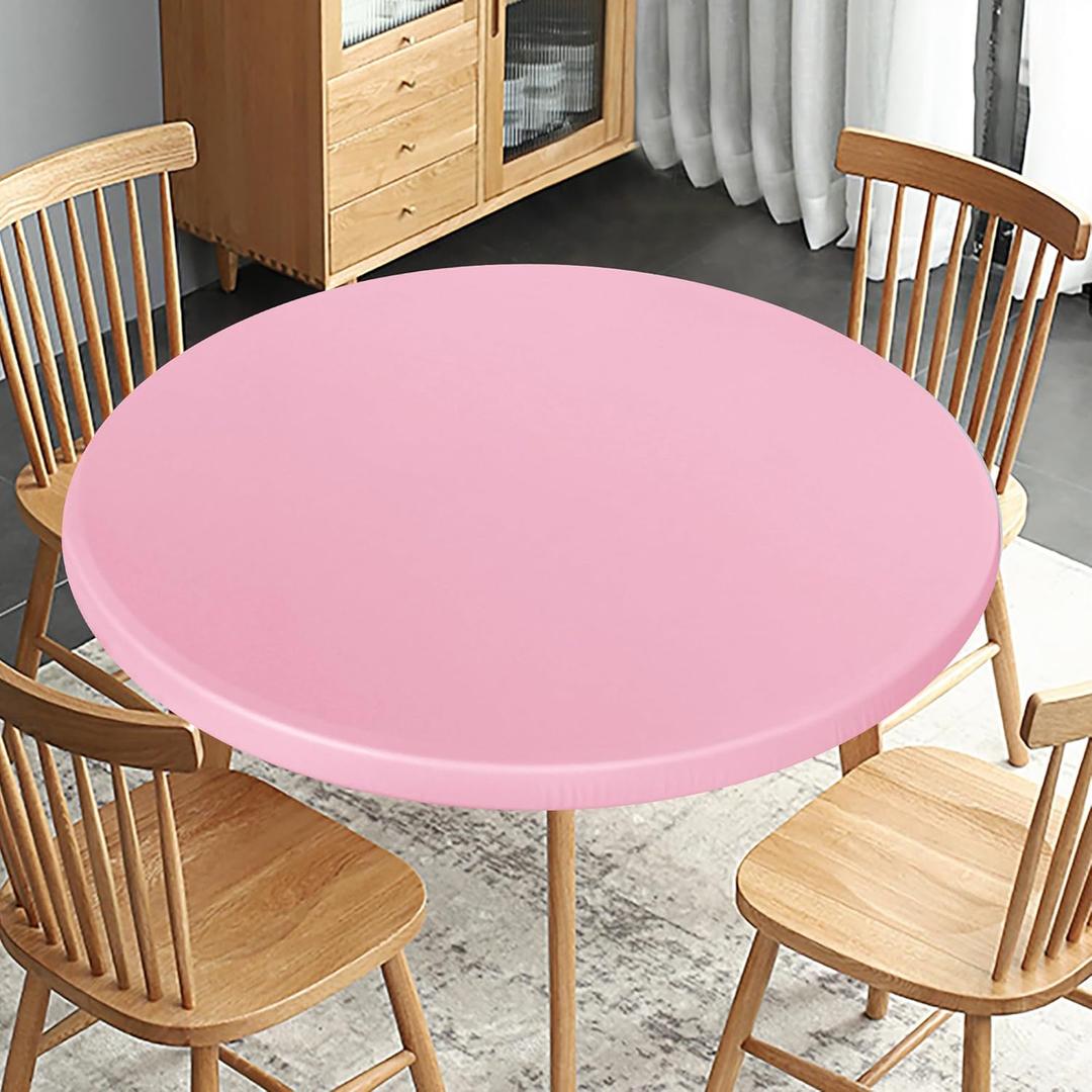 Obstal Fitted Round Table Cloth, Reversible Waterproof Stain Resistant Elastic Stretch Tablecloth, Wipe Clean Table Cover for Outdoor/Indoor Use, Fits Round Tables up to 30" - 36" Diameter, Baby Pink