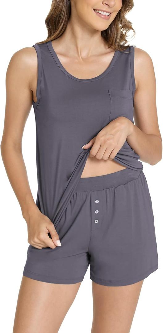 GYS Women's Bamboo Viscose Pajamas Set - Sleeveless Tank Top and Sleep Shorts Summer Pjs Lightweight Cooling Sleepwear (Medium, Dark Grey)