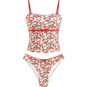 ZAFUL Tankini Swimsuits for Women Bow Tie Side Bathing Suits Tummy Control High Cut Two Piece Bikini Sets (Medium, 1-cherry-red)