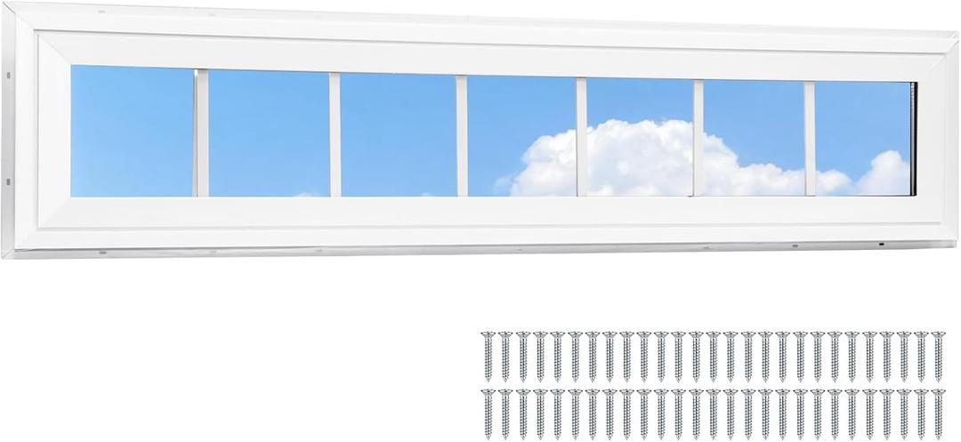 NeatiEase Vinyl Transom Window, 12" x 48" Fixed Glass Household Windows with Grids and Dual-pane Tempered Glass for House, Shed, Doors, Garage, Chicken Coop, Basement (White)
