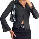 Women Striped Fitted Button Down Shirts Bell Long Sleeve Shirt Office Work Blouse Tops (Small, Dark Grey)