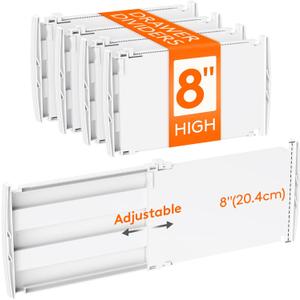 Lifewit 8" Tall 4 Pack Drawer Dividers, 35-56.5cm/13.8-22.2" Expandable Drawer Divider for Clothes, Adjustable Dresser Drawer Organizers, Drawers Separators for Dresser/Bathroom/Closet/Kitchen White