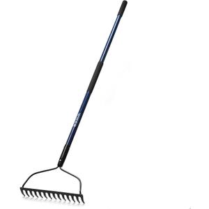WIKER 14 Tine Metal Garden Rake 57 Inch Heavy Duty Lawn and Soil Leveling Rake with Fiberglass Handle Anti Rust Coating for Gardening Mulch Gravel and Leaf Cleanup
