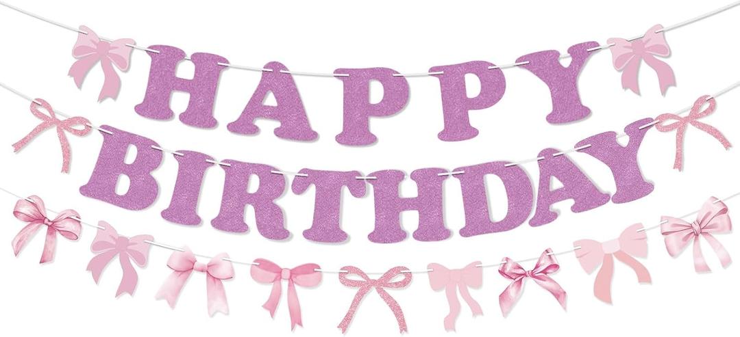2 x Bow Happy Birthday Banner Bow Garland Pink Bow Coquette Decor for Bachelorette Party Decorations Girls Women Baby Shower Birthday Party Supplies