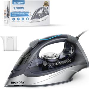 IRONDAY 1700W Steam Iron for Clothes 20s Fast Heat-up, Iron with 10.14oz Water Tank, Non-Stick Ceramic Soleplate, Auto-Off, Spray Mist & Steam Burst, Ironing Clothes for Home Grey