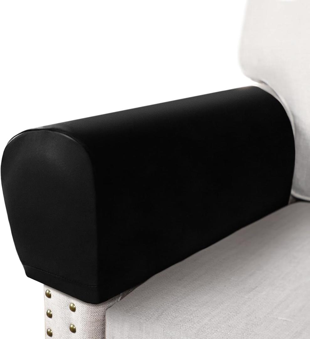 PU Leather Armrest Covers for Sofa Couch Arm Slipcover Set of 2 Stretch Armchair Cover Washable Anti Slip Furniture Protector for Sofas Chairs Recliner Waterproof Spandex Fabric (Large, Black)