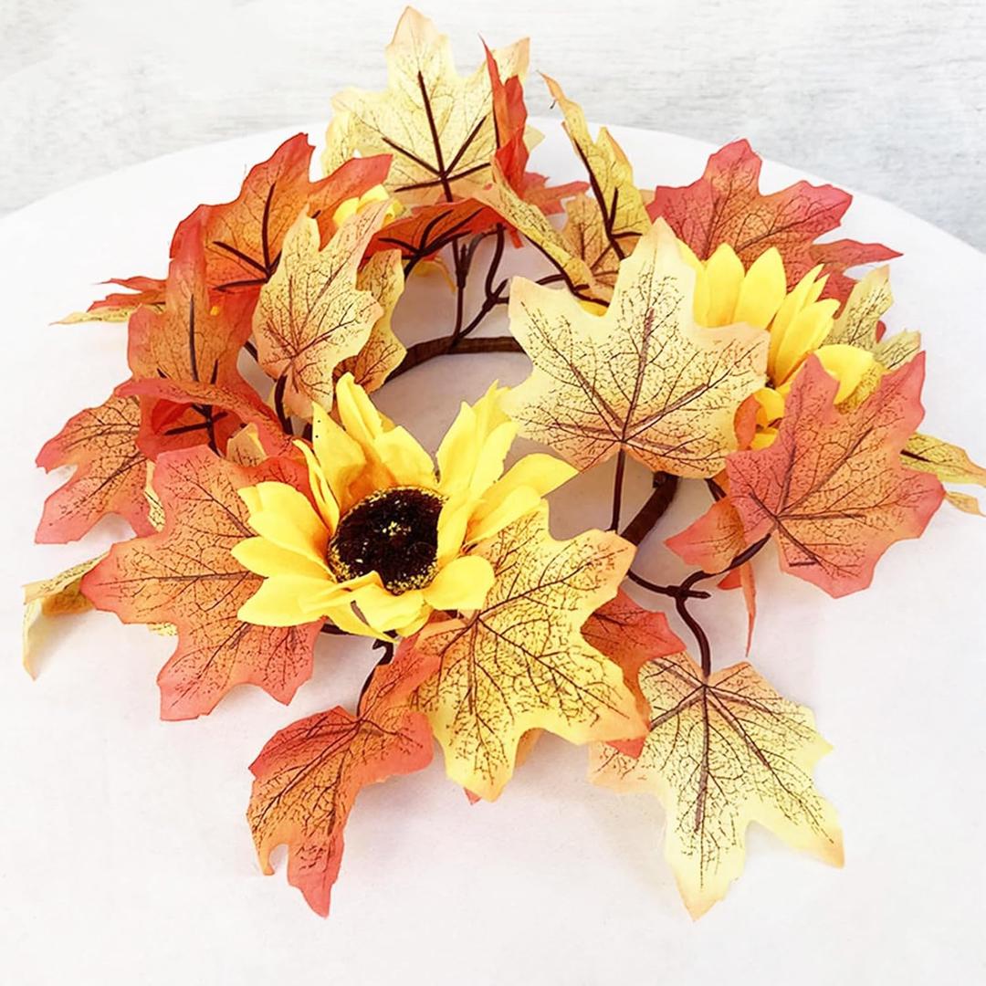 6pcs Fall Candle Rings Small Fall Wreath Artificial Flower Rings Thanksgiving Fall Centerpieces for Tables Autumn Maple Leaf with Sunflower Harvest Festival Home Decor (9.8")