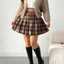 Floerns Women's Plus Size Plaid Print High Waist Mini Skirt Uniform Pleated A Line Skirts (Brown, XL)