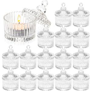 16 Piece Votive Candle Holders with Lids, Tealight Candle Holders in Bulk, Glass Small for Table Centerpiece, Wedding, Home Decor (2.68'' x 1.65'', Clear)
