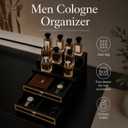 Wooden Cologne Organizer for Men - 4-Tier with 2 Drawer Storage for Watch, Key, Jewelry - Black & Gold Perfume Organizer - Perfume Display Shelf with Accessories holder - Gifts for Men
