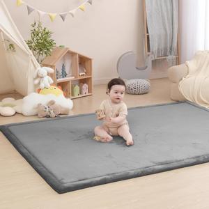 Baby Play Mat for Floor,1.3" Thick Memory foam Tummy Time Mat,79"158 Extra Large Soft Velvet Nursery Rug,Non Slip Safe for Crawling,Toddlers,Infants,kids,Tatami Style for Living Room(Dark Grey)