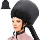 Bonnet Hooded Hair Dryer Attachment, Larger Adjustable Deep Conditioning Cap for Fast Hair Drying with Elastic Band for Fixing Free, Hair Curling Nursing Oil Treat-Ment SPA Steamer Cap (Dark Black)