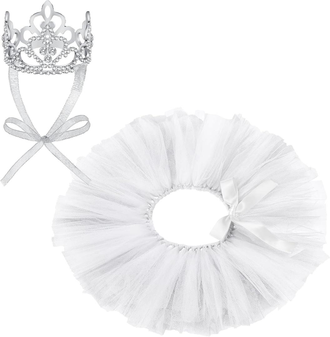 2 Pcs Dog Crown Headband Dog Tutu Dress Set Crystal Rhinestone Tiara Crown Tutu Skirt Pet Dress Costume for Puppy Birthday Party Wedding Photo Prop Costume(Small,White)