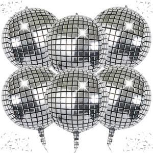6-Pack 22 Inch Silver 4D Disco Ball Balloons - Decorations for 90s Dancing Queen Party