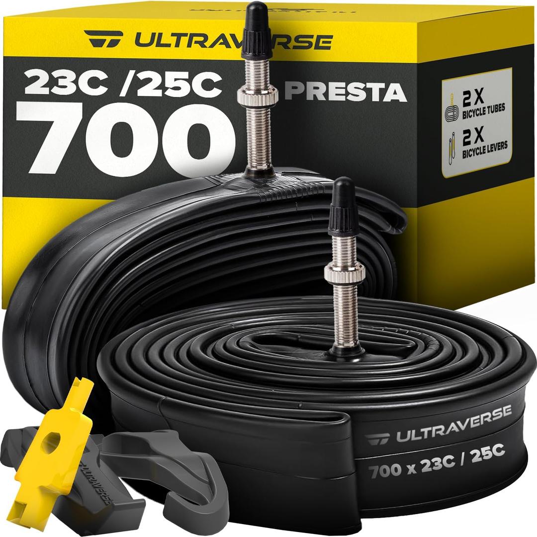 Ultraverse Bike Inner Tube for 700x23-25c, 700x28-32c, 700x35-43c 28 inch Bicycle Wheel Sizes with 48mm Presta Valve - Butyl Rubber Tubes for Road and Gravel Bikes - 2 Tubes, 2 tire levers Included