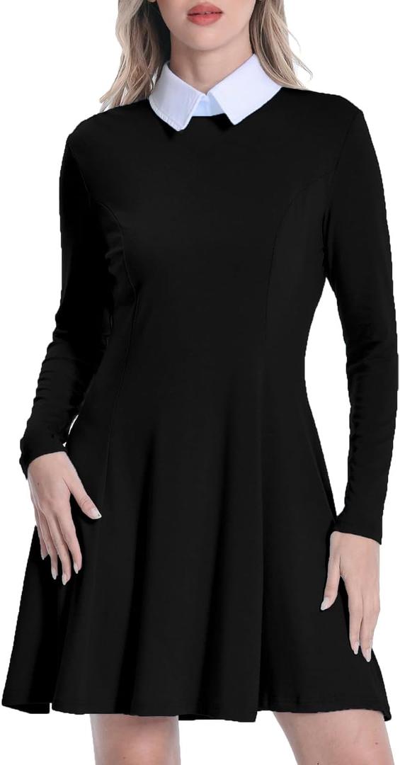 Women Casual Dress Peter Pan Collar Long Sleeve Classic Gothic Dresses (Small, Black)