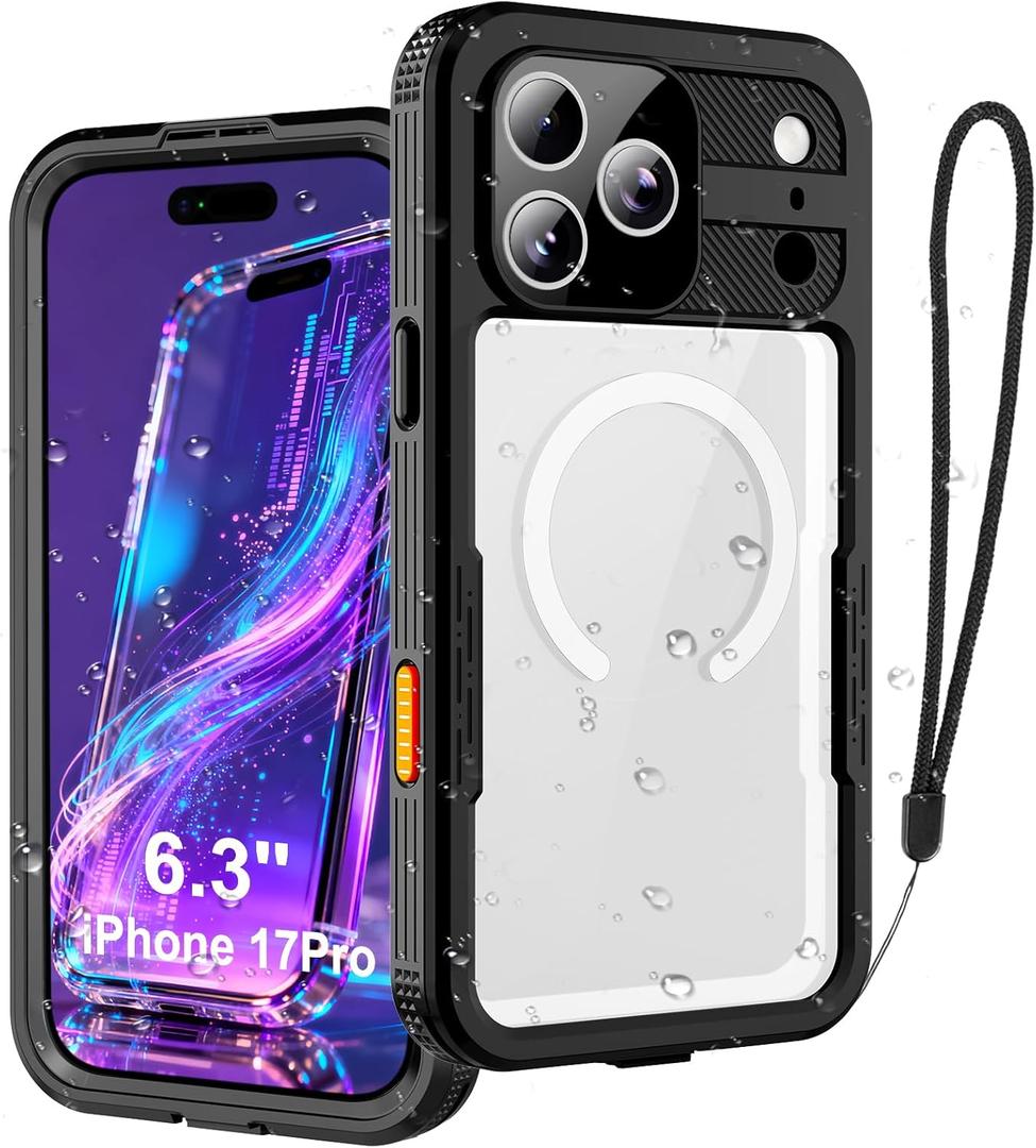 Phone Case for iPhone 17 Pro, IP68 Submersible [6.6FT] Military Grade Waterproof Shockproof with MagSafe Compatible Wireless Charging, Built-in Screen Protector for Swimming Outdoor Sports (Black)