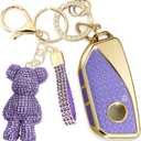 Cute Key Fob Cover with Rhinestone Bear Charm, Bling TPU Smart Key Case for Women, Compatible with BMW IX X6 I7 X7 I5 X5 M60 7 Series 2023-2024 (3-Button,Gold Purple)