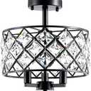 3 Lights E12 Modern Crystal Chandelier Black Round Semi Flush Mount Ceiling Light Fixture Farmhouse Chandelier for Dinning Room Living Room Bedroom Hallway Entryway Kitchen