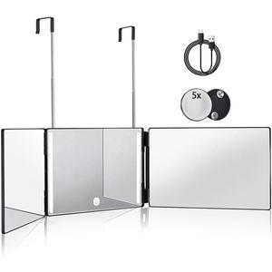HIEEY 3 Way Mirror for Hair Cutting with LED,360 Trifold with Height Adjustable Telescoping Hooks,and 5X Magnification,for Makeup and Styling (Black)