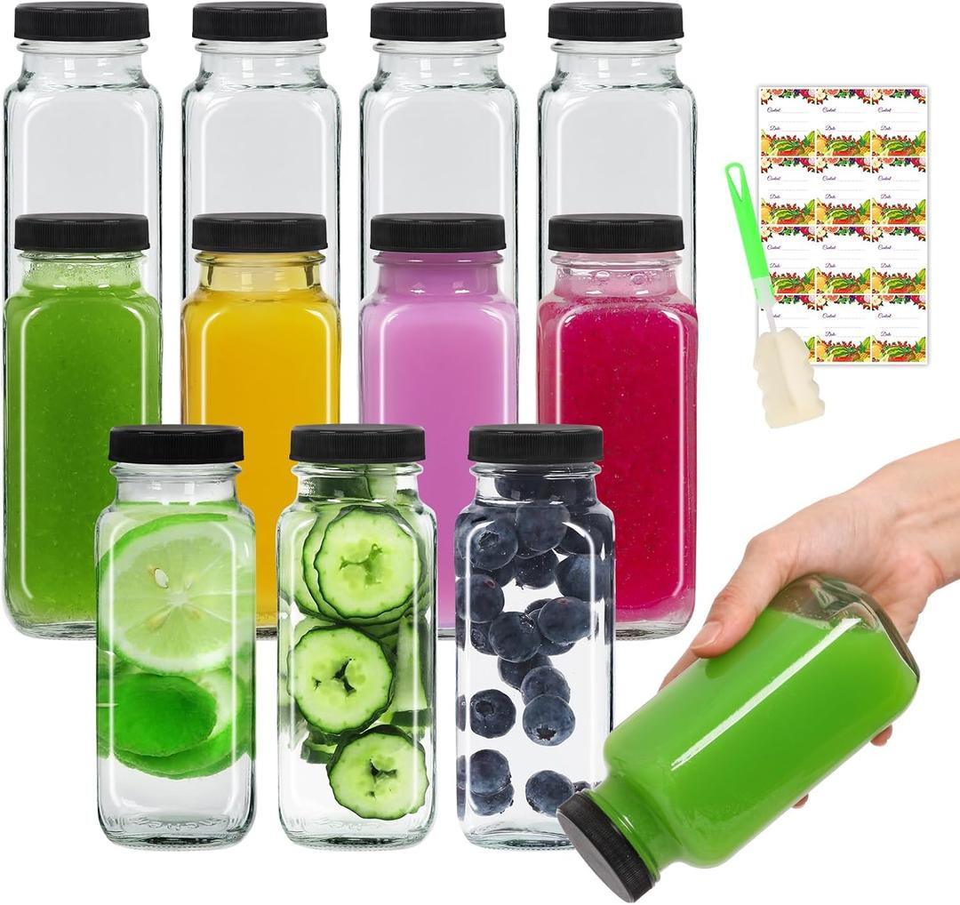 AuroTrends 8 oz Glass Bottles with Lids 12Pack, 250ml Glass Bottles for Juicing, Water, Kombucha - Portable Glass Juicing Bottles Reusable Glass 8oz (8fl.oz, Set of 12)