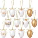 RoundFunny 12 Pcs White Gold Neutral Easter Egg Ornaments Tree Decoration Plastic Speckled Egg Hanging Ornament Bulk 2.36'' Rustic Easter Decorations for Basket DIY Crafts Holiday Party Favors