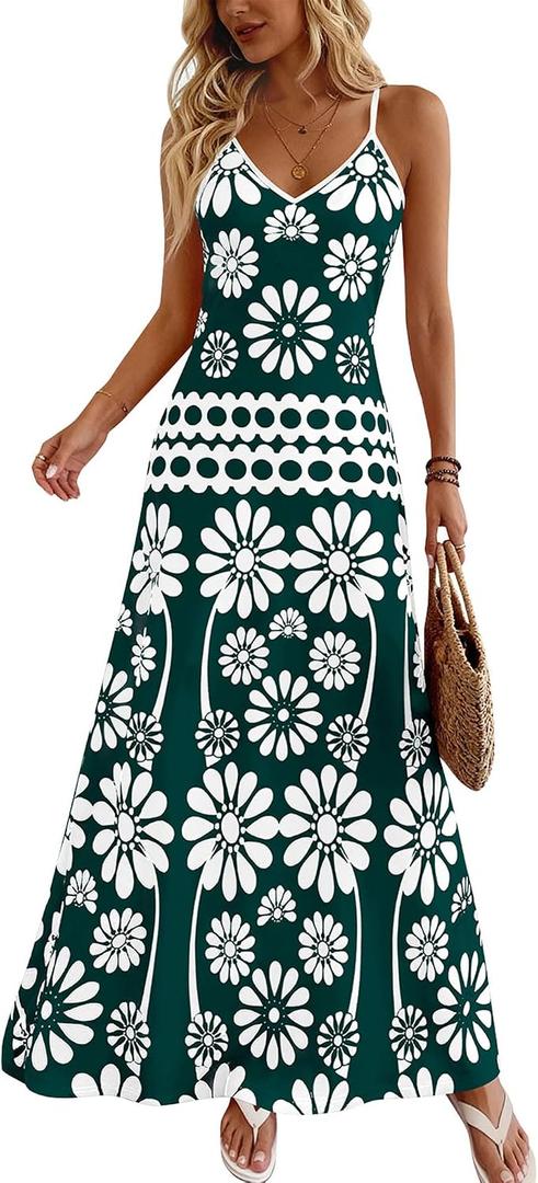 Zenlonr Womens Summer 2026 Wedding Guest Maxi Dresses Sphagetti Strap V Neck Floral Boho Long Dress Vacation (L)